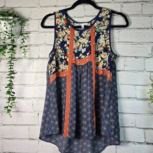 DR2 SLEEVELESS TUNIC NAVY WITH FLORAL PRINT HIGH LOW HEM, WOMENS SIZE SMALL